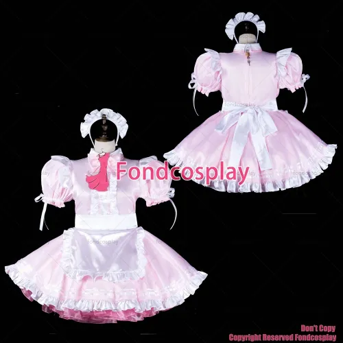 fondcosplay adult sexy cross dressing sissy maid short baby pink satin dress lockable white apron Uniform CD/TV[G2317]