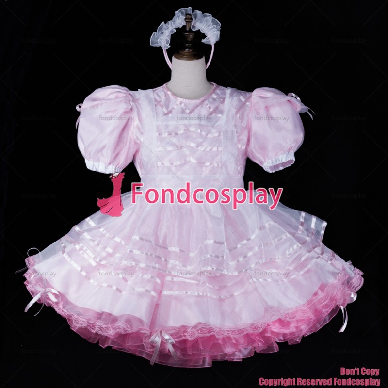 fondcosplay adult sexy cross dressing sissy maid baby pink satin organza dress lockable Uniform apron costume CD/TV[G2312]
