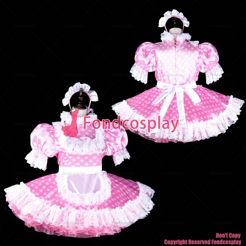 fondcosplay adult sexy cross dressing sissy maid baby pink Dots satin dress lockable white apron Uniform CD/TV[G2318]