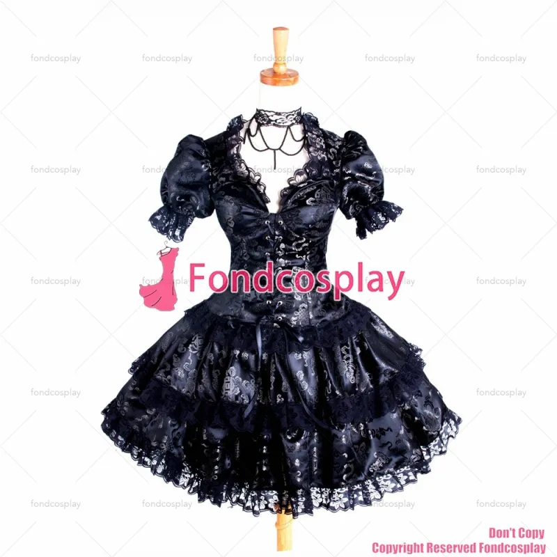 fondcosplay adult sexy cross dressing sissy maid Gothic Lolita Punk Black Satin top skirt Cosplay Costume CD/TV[G250]