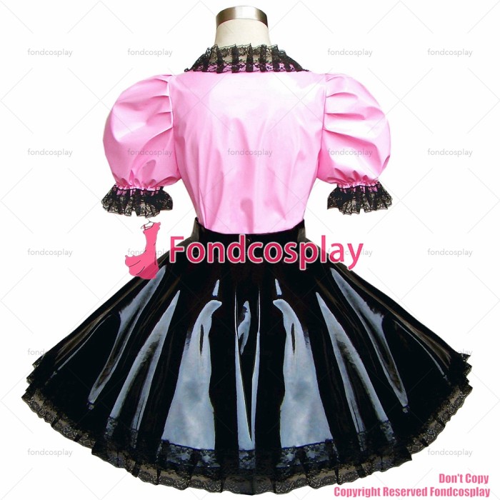 fondcosplay adult sexy cross dressing sissy maid pink thin shirt Gothic Lolita Punk blakc heavy Pvc skirt CD/TV[G291]