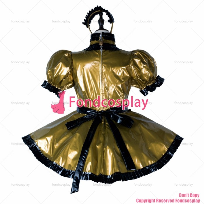 fondcosplay adult sexy cross dressing sissy maid Dark gold thin pvc dress lockable Uniform apron costume CD/TV[G2356]