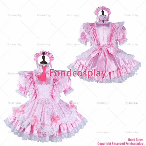 fondcosplay adult sexy cross dressing sissy maid short baby pink satin dress lockable Uniform cosplay costume CD/TV[G2342]