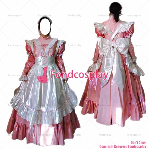 fondcosplay adult sexy cross dressing sissy maid long pink thin pvc dress lockable Uniform white apron CD/TV[G2456]