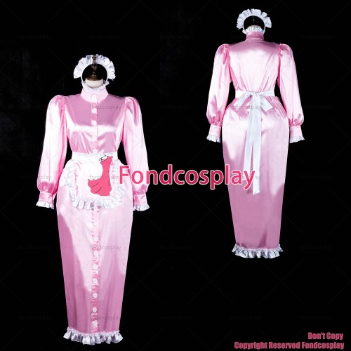fondcosplay adult sexy cross dressing sissy maid long baby pink satin dress Uniform white apron buttons CD/TV[G2367]