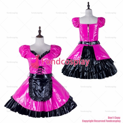 fondcosplay adult sexy cross dressing sissy maid black hot pink thin pvc dress lockable Uniform apron costume CD/TV[G2288]