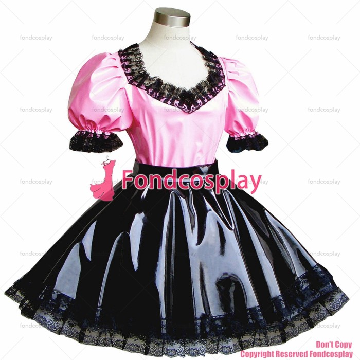 fondcosplay adult sexy cross dressing sissy maid pink thin shirt Gothic Lolita Punk blakc heavy Pvc skirt CD/TV[G291]