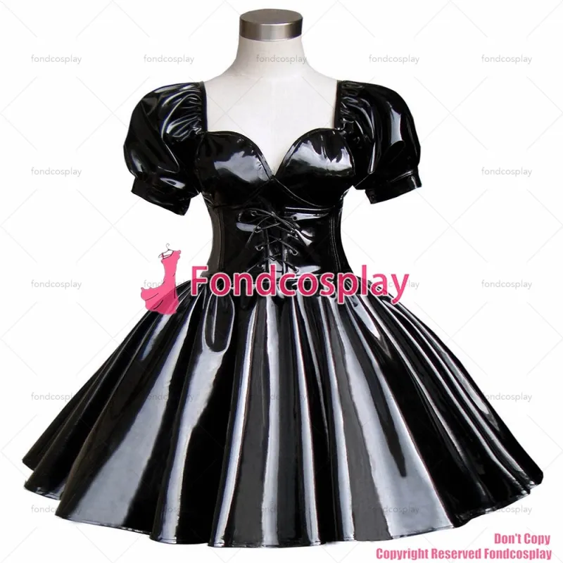 fondcosplay adult sexy cross dressing sissy maid short Gothic Lolita Punk Black heavy Pvc Dress Costume CD/TV[G290]