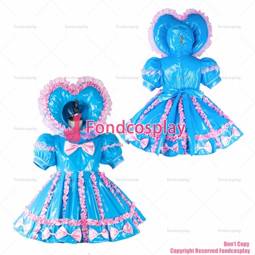 fondcosplay adult sexy cross dressing sissy maid baby blue thin PVC Dress lockable heart hood costume CD/TV[G2285]