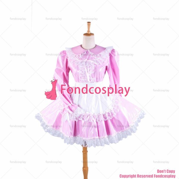 fondcosplay adult sexy cross dressing sissy maid short pink thin Pvc Dress Lockable Uniform Peter Pan collar CD/TV[G287]