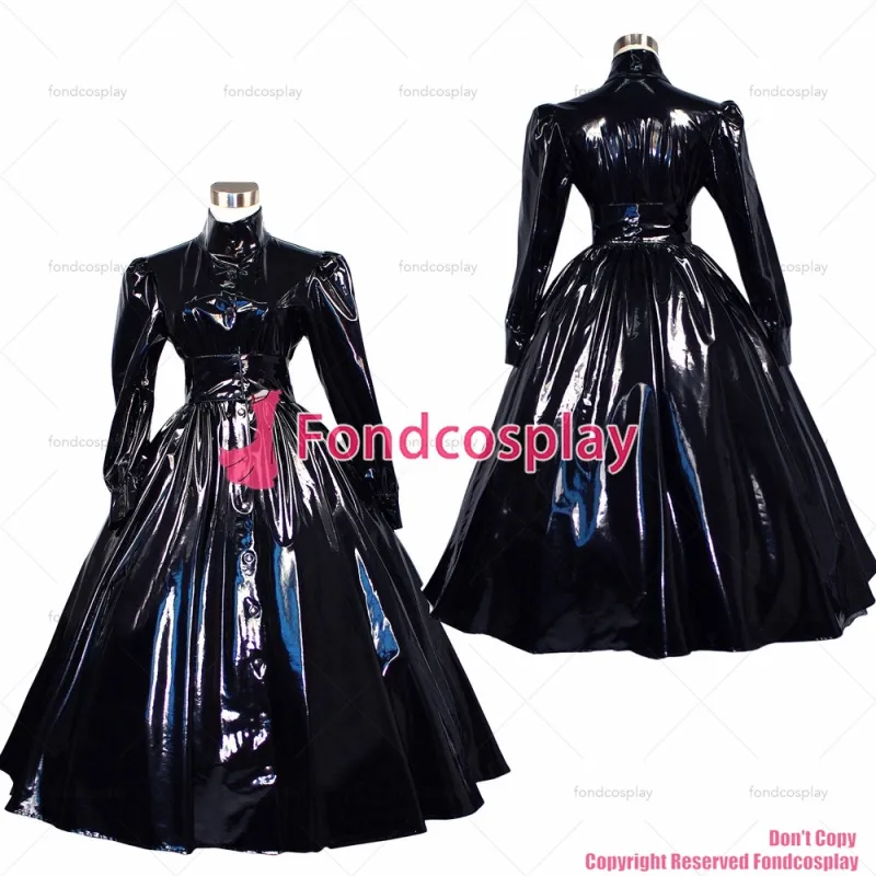 fondcosplay adult sexy cross dressing sissy maid long Gothic lolita punk black thin PVC dress cosplay costume CD/TV[G268]