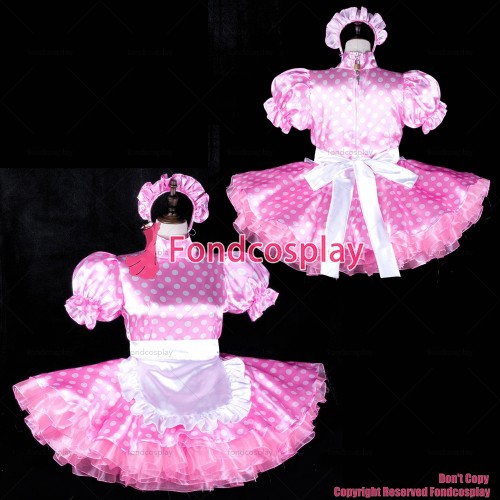 fondcosplay adult sexy cross dressing sissy maid short pink Dots satin dress lockable white apron Uniform CD/TV[G2319]