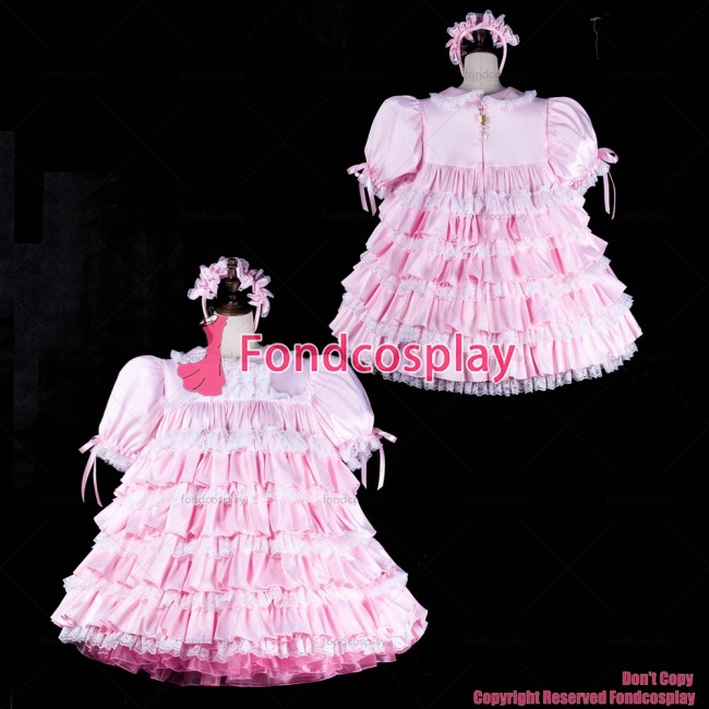 fondcosplay adult sexy cross dressing sissy maid short baby pink satin dress lockable Uniform cosplay costume CD/TV[G2310]