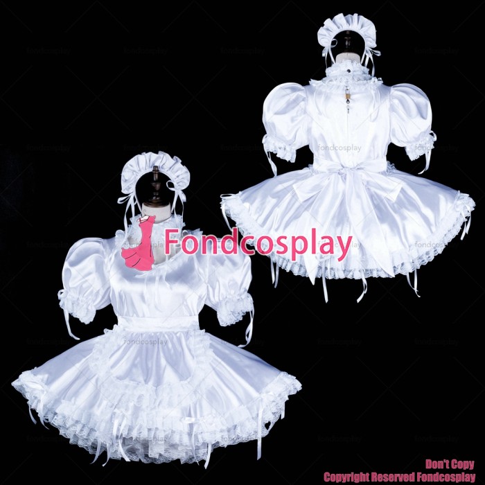 fondcosplay adult sexy cross dressing sissy maid short white satin dress lockable apron Uniform costume CD/TV[G2326]