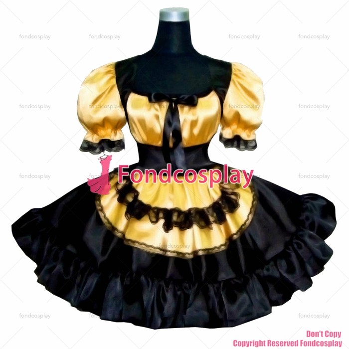 fondcosplay adult sexy cross dressing sissy maid short Gold Balck Satin Dress Lockable Uniform apron Costume CD/TV[G276]