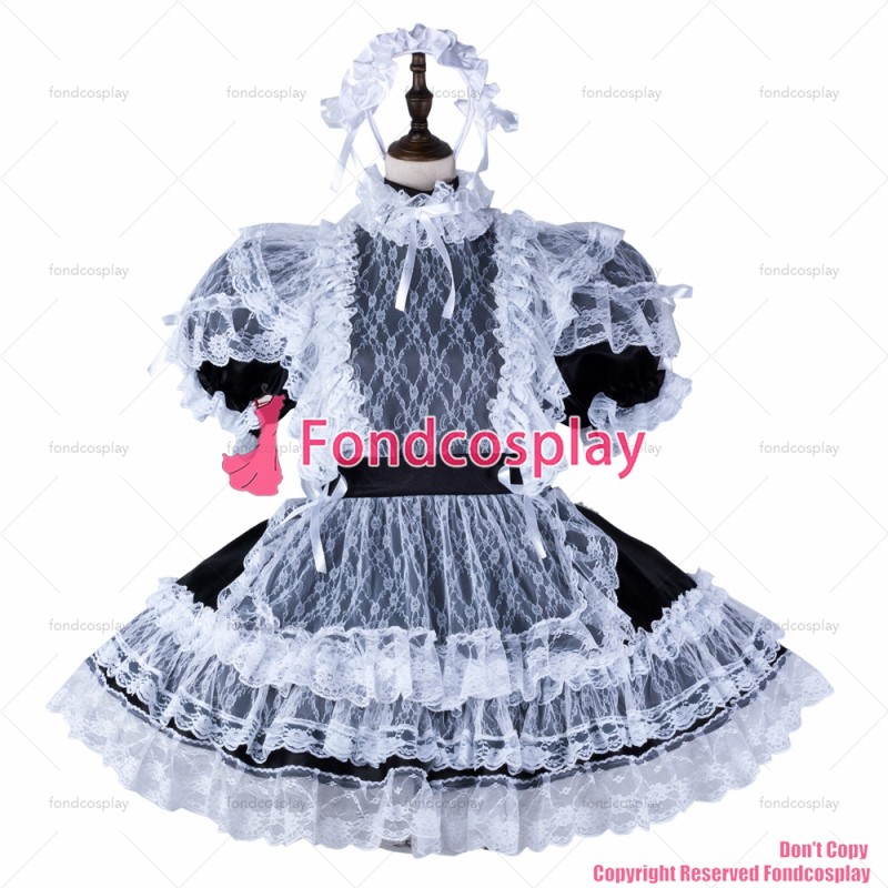 fondcosplay adult sexy cross dressing sissy maid short black satin dress lockable Uniform white lace apron CD/TV[G2344]