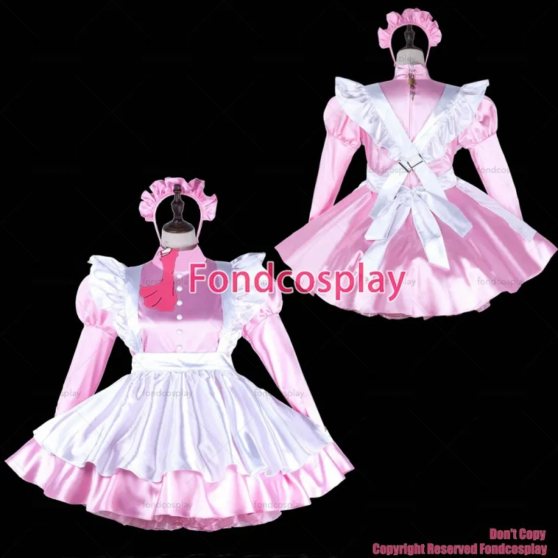 fondcosplay adult sexy cross dressing sissy maid baby pink satin dress lockable Uniform white apron costume CD/TV[G2244]