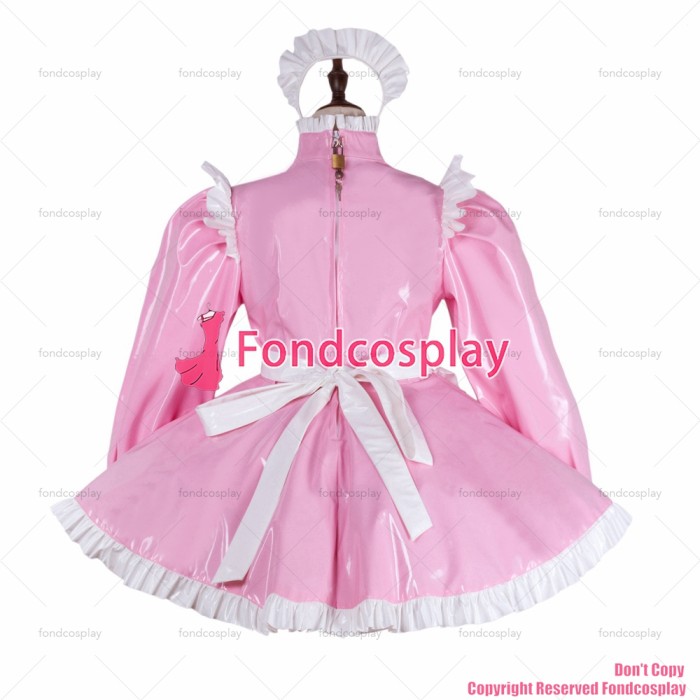 fondcosplay adult sexy cross dressing sissy maid baby pink heavy pvc dress lockable Uniform Heart apron CD/TV[G2284]