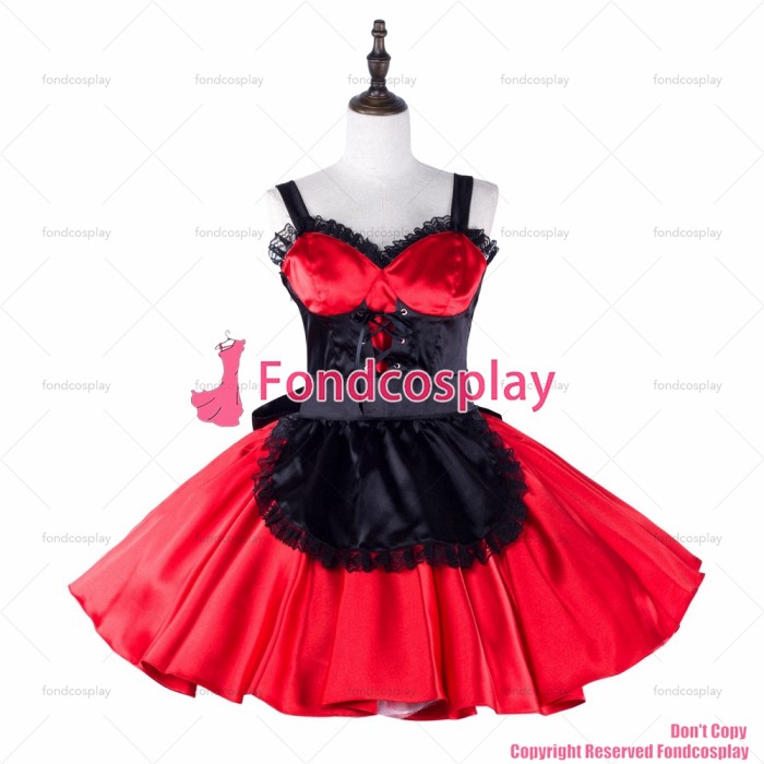 fondcosplay adult sexy cross dressing sissy maid short red satin dress black apron cape Uniform costume CD/TV[G2329]