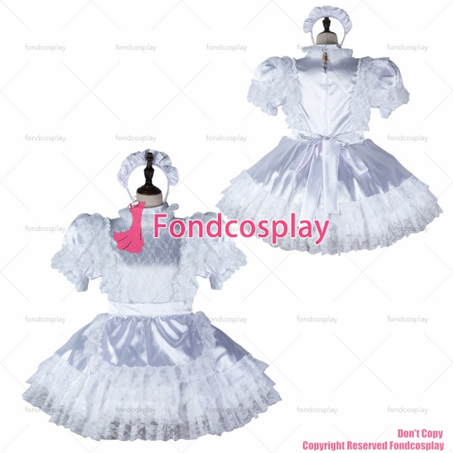 fondcosplay adult sexy cross dressing sissy maid white satin lace dress lockable Uniform cosplay costume CD/TV[G2358]