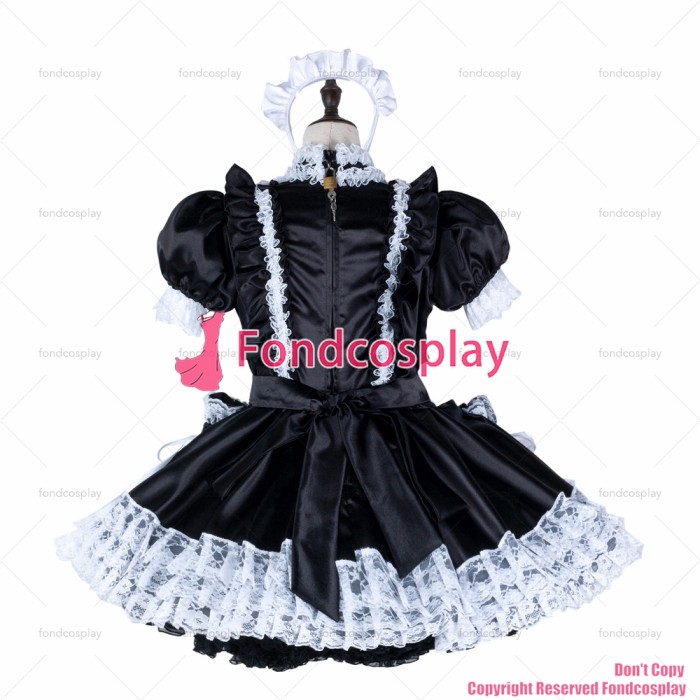 fondcosplay adult sexy cross dressing sissy maid black satin dress lockable lace Uniform cosplay costume CD/TV[G2351]