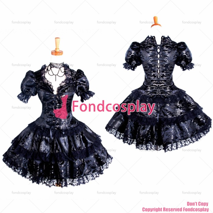 fondcosplay adult sexy cross dressing sissy maid Gothic Lolita Punk Black Satin top skirt Cosplay Costume CD/TV[G250]