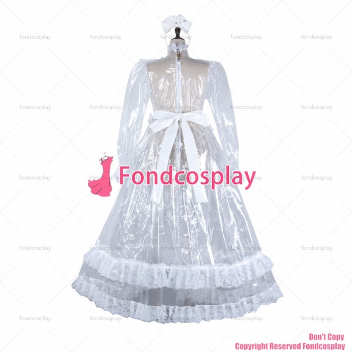 fondcosplay adult sexy cross dressing sissy maid long clear pvc dress lockable Uniform white apron costume CD/TV[G2305]