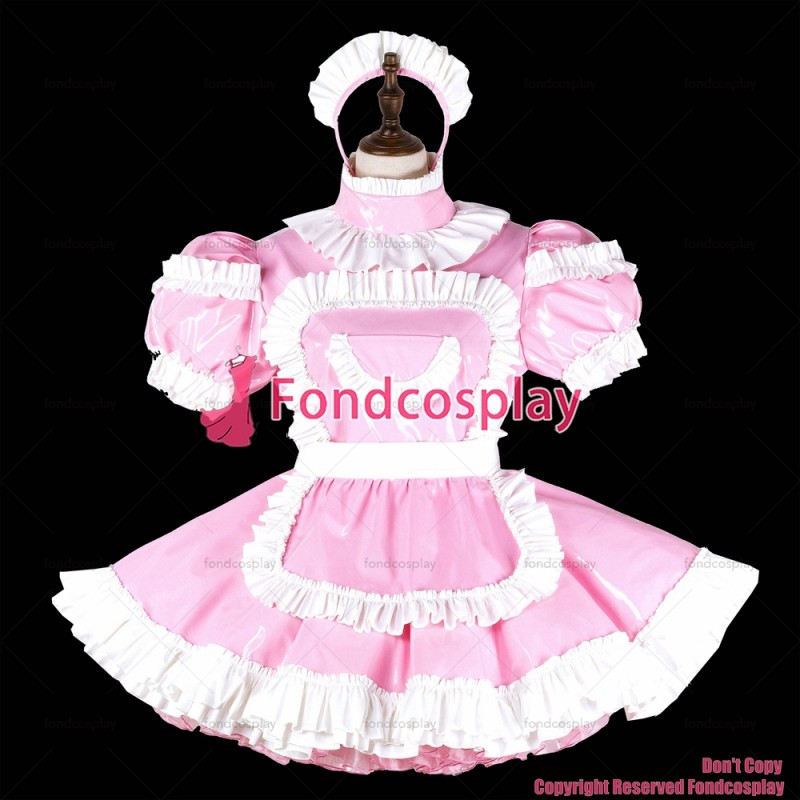 fondcosplay adult sexy cross dressing sissy maid short baby pink heavy pvc dress lockable Uniform apron costume CD/TV[G2242]