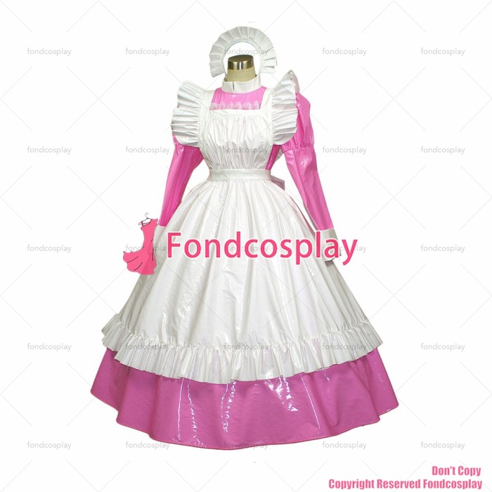 fondcosplay adult sexy cross dressing sissy maid long pink thin PVC dress lockable Uniform white apron costume CD/TV[G257]