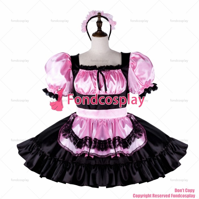 fondcosplay adult sexy cross dressing sissy maid short pink black satin dress lockable apron Uniform costume CD/TV[G2330]