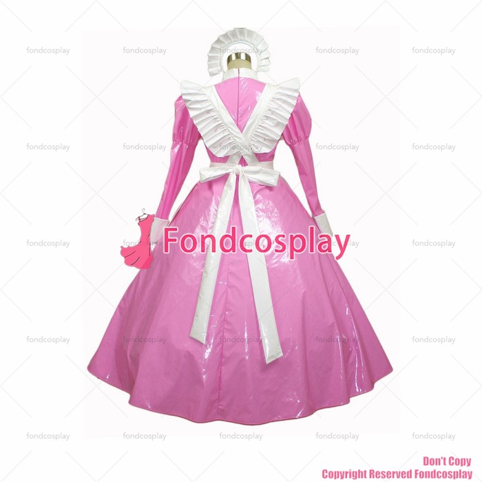 fondcosplay adult sexy cross dressing sissy maid long pink thin PVC dress lockable Uniform white apron costume CD/TV[G257]
