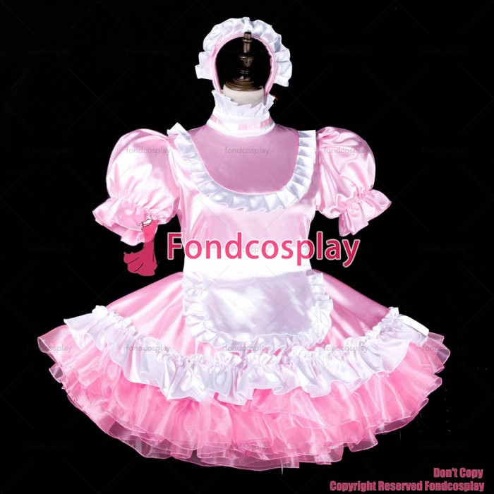 fondcosplay adult sexy cross dressing sissy maid short baby pink satin dress lockable Uniform white apron CD/TV[G2315]
