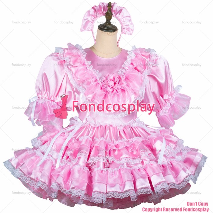 fondcosplay adult sexy cross dressing sissy maid short baby pink satin dress lockable Uniform cosplay costume CD/TV[G2431]