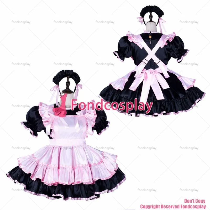 fondcosplay adult sexy cross dressing sissy maid short black satin dress lockable Uniform baby pink apron CD/TV[G2250]