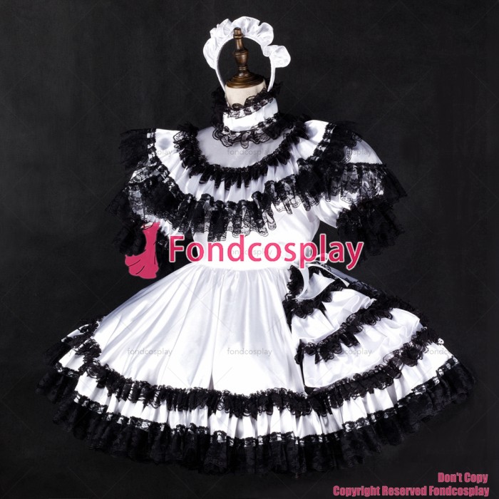 fondcosplay adult sexy cross dressing sissy maid short white satin dress black lace lockable Uniform costume CD/TV[G2328]