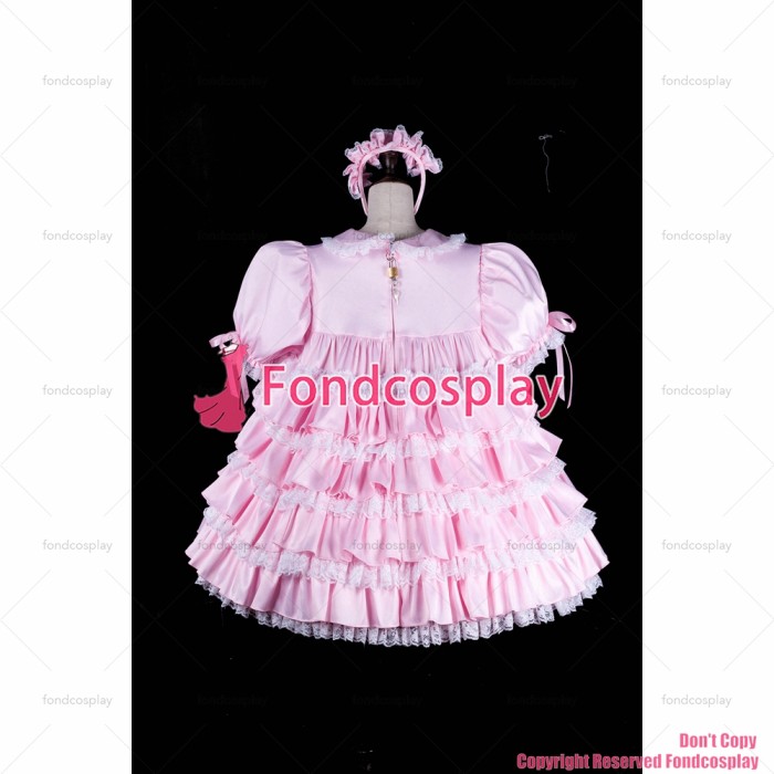 fondcosplay adult sexy cross dressing sissy maid short baby pink satin dress lockable Uniform cosplay costume CD/TV[G2310]
