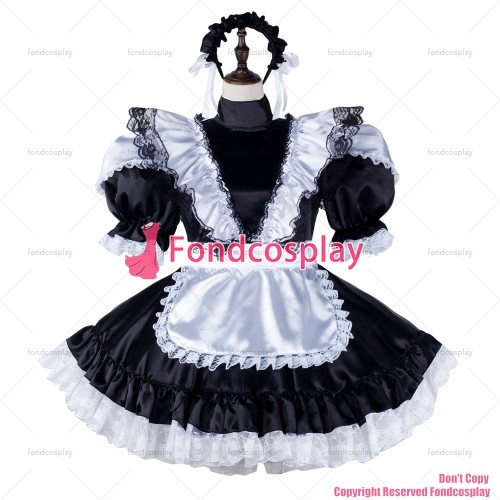 fondcosplay adult sexy cross dressing sissy maid short black satin dress lockable white apron Uniform costume CD/TV[G2334]