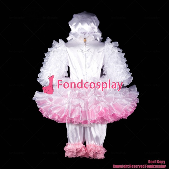 fondcosplay adult sexy cross dressing sissy maid short lockable white baby satin organza dress pants cap CD/TV[G2402]
