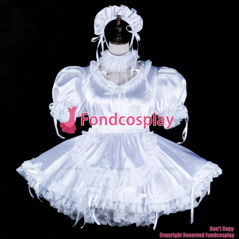 fondcosplay adult sexy cross dressing sissy maid short white satin dress lockable apron Uniform costume CD/TV[G2326]