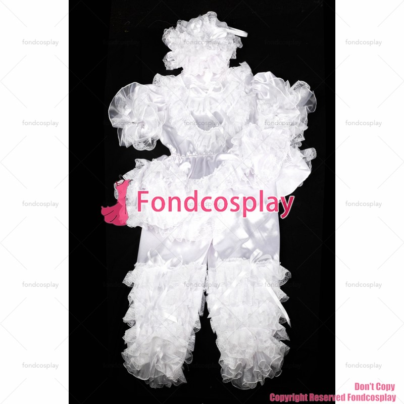 fondcosplay adult sexy cross dressing sissy maid baby white satin organza Jumpsuit Romper Suit lockable Uniform hood[G2400]
