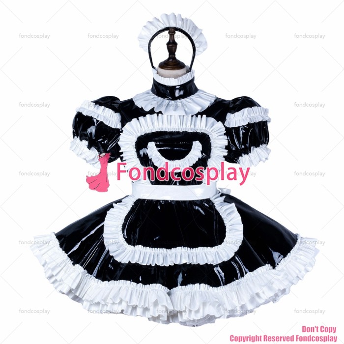 fondcosplay adult sexy cross dressing sissy maid short black thin pvc dress lockable Uniform apron costume CD/TV[G2245]