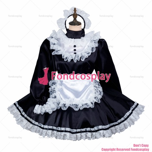 fondcosplay adult sexy cross dressing sissy maid short black satin dress lockable Uniform white apron costume CD/TV[G2435]