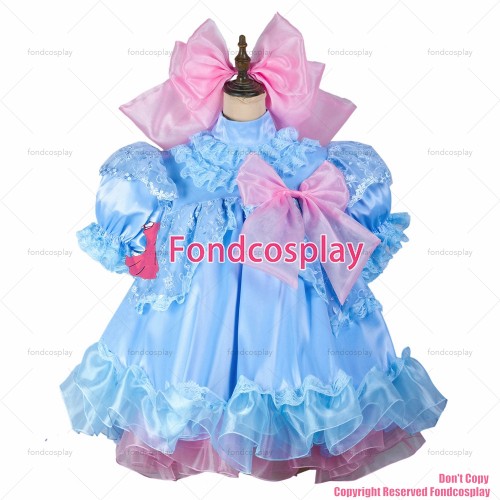 fondcosplay adult sexy cross dressing sissy maid short baby blue satin dress lockable Uniform headpiece CD/TV[G2430]