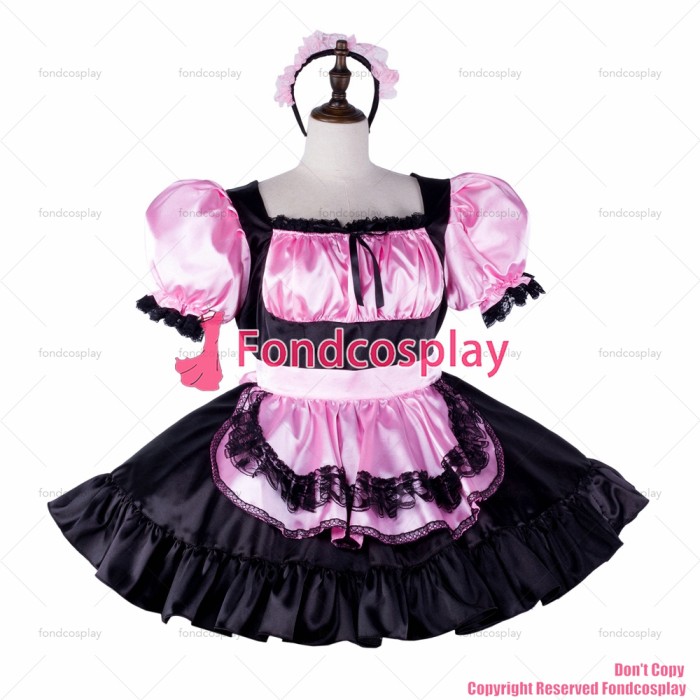 fondcosplay adult sexy cross dressing sissy maid short pink black satin dress lockable apron Uniform costume CD/TV[G2330]