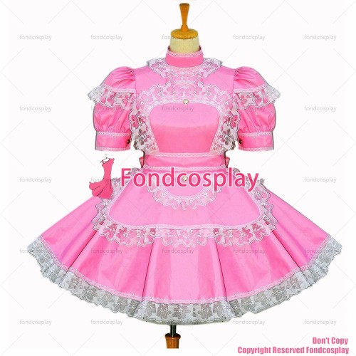fondcosplay adult sexy cross dressing sissy maid short pink thin PVC dress lockable Uniform apron costume CD/TV[G260]