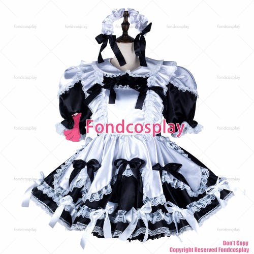 fondcosplay adult sexy cross dressing sissy maid short black white satin dress lockable Uniform costume CD/TV[G2350]