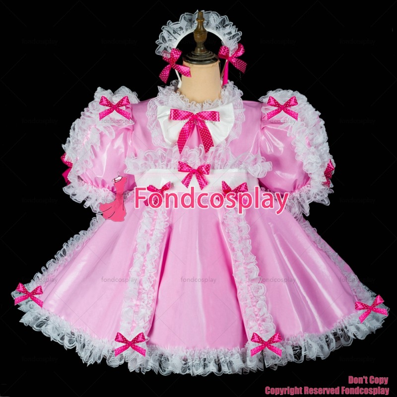fondcosplay adult sexy cross dressing sissy maid short baby pink thin pvc dress lockable Uniform costume CD/TV[G2413]