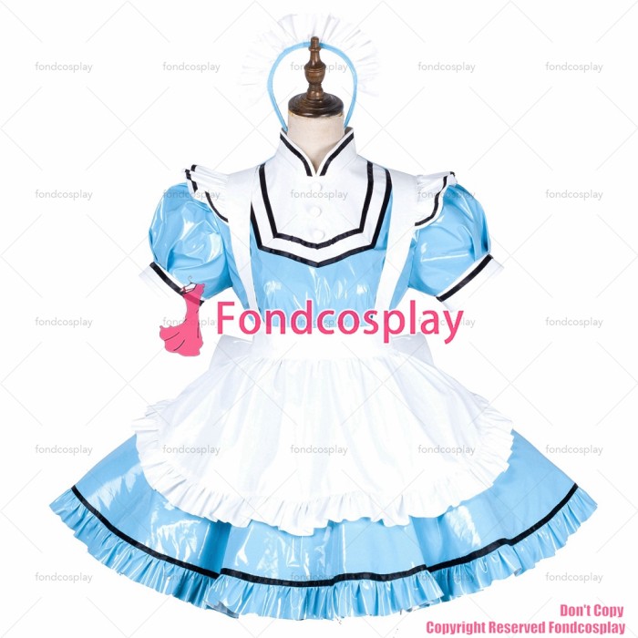 fondcosplay adult sexy cross dressing sissy maid short lockable baby blue thin PVC vinyl dress white apron CD/TV[G1794]