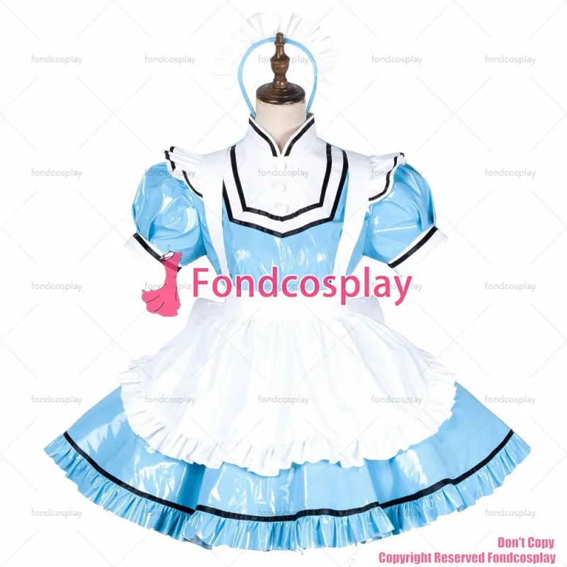 fondcosplay adult sexy cross dressing sissy maid short lockable baby blue thin PVC vinyl dress white apron CD/TV[G1794]