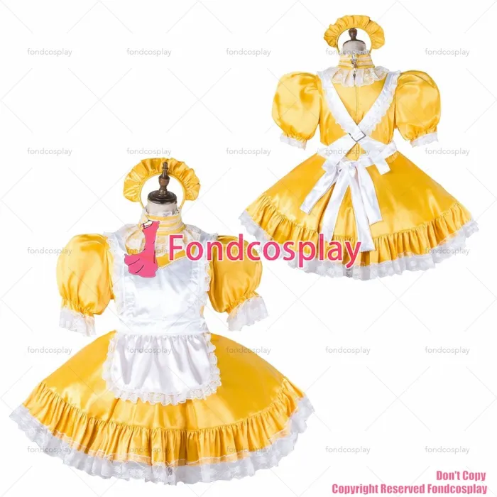fondcosplay adult cross dressing sissy maid short yellow satin dress lockable Uniform white apron costume CD/TV[G2148]